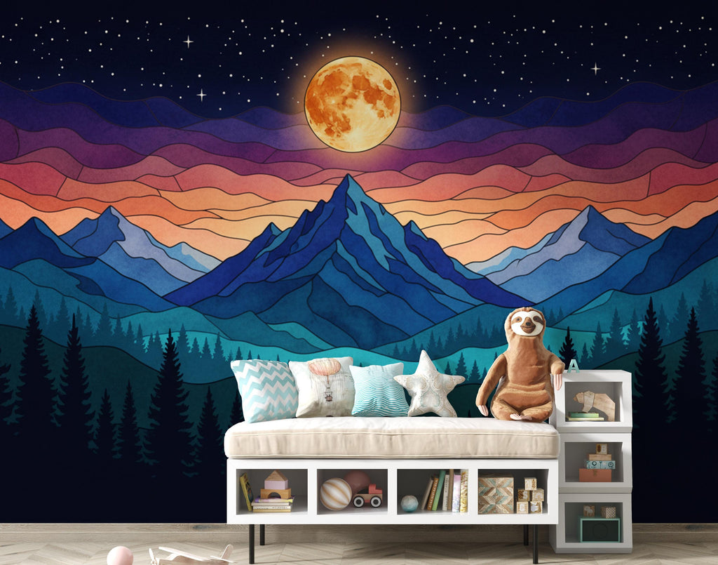Panoramic Mountain Night Wallpaper, Stained Glass Mural, Full Moon Forest Wall Decor, Mystical Night Sky 399DE