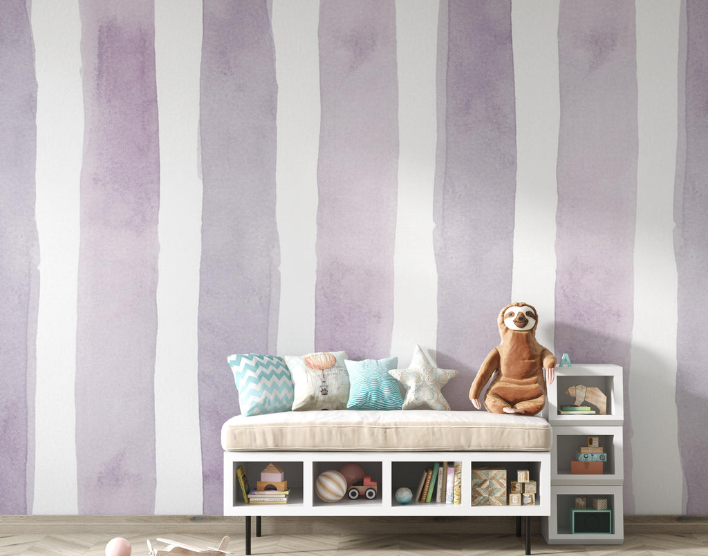 Lavender Stripe Wallpaper, Watercolor Vertical Stripe Mural, Peel and Stick Wallpaper, Nursery Wall Decor, Feminine French Country 400DE