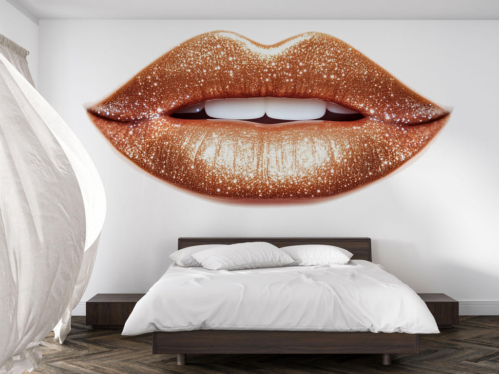 Gold Glitter Lips Wall Decal Makeup Wall Sticker Beauty Salon Decor Nail Studio Wall Art Luxury Glam Lips Vinyl Wall Decal Modern Decor