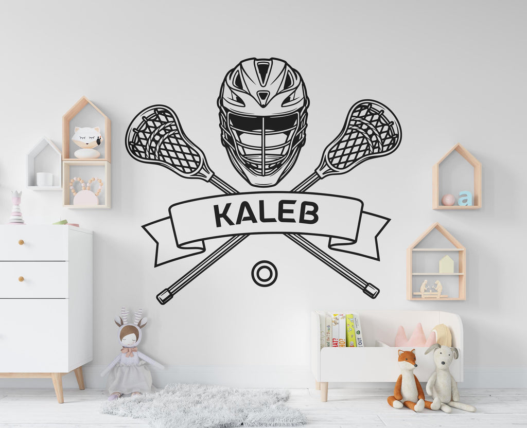 Sports wall decals, Crossed Lacrosse Sticks Decor, Ball Space for Name Frame to Personalize Players, Lacrosse Teams 1117RS