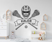 Load image into Gallery viewer, Sports wall decals, Crossed Lacrosse Sticks Decor, Ball Space for Name Frame to Personalize Players, Lacrosse Teams 1117RS