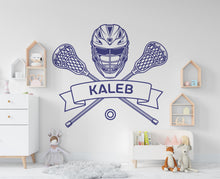 Load image into Gallery viewer, Sports wall decals, Crossed Lacrosse Sticks Decor, Ball Space for Name Frame to Personalize Players, Lacrosse Teams 1117RS