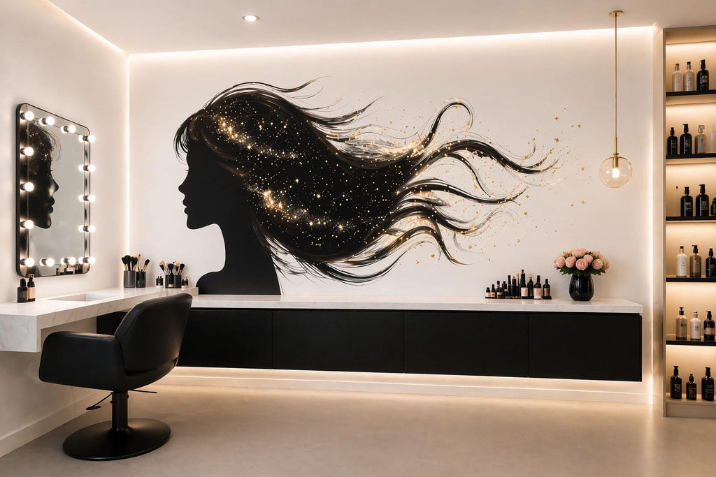 Hair Silhouette Wall Decal Beauty Salon Wall Sticker Gold Sparkle Hair Art Luxury Salon Decor Hairdresser Wall Decal Modern Beauty Room