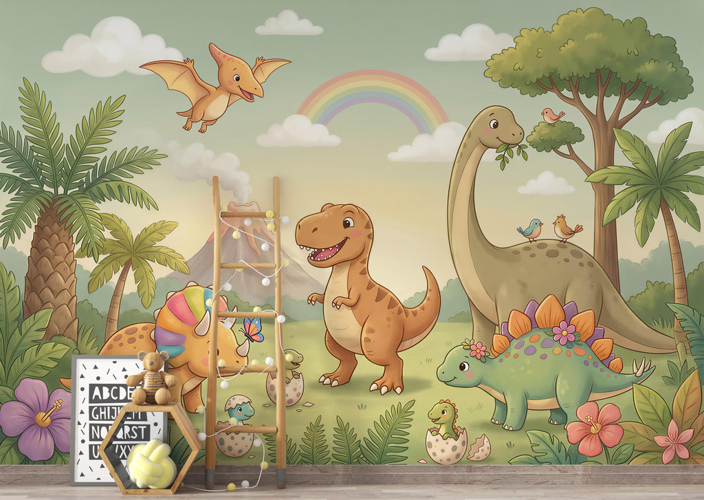 Dinosaur Nursery Wallpaper, Hand Painted Jungle Dinosaurs Wall Mural, Neutral Kids Room Wallpaper, Soft Watercolor Baby Room Decor 415DE