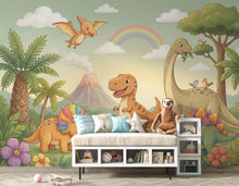 Load image into Gallery viewer, Dinosaur Nursery Wallpaper, Hand Painted Jungle Dinosaurs Wall Mural, Neutral Kids Room Wallpaper, Soft Watercolor Baby Room Decor 415DE