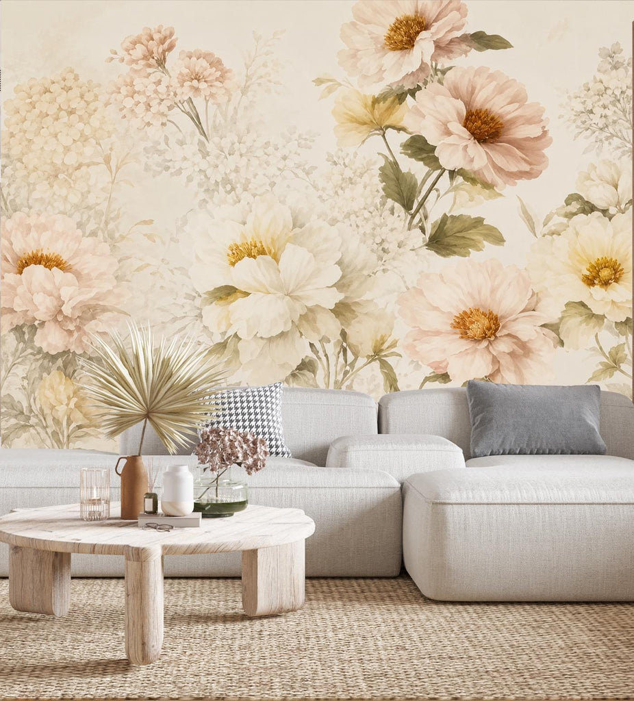 Blush Floral Wallpaper Peel and Stick, Vintage Peony Wall Mural, Neutral Botanical Wallpaper, Romantic Bedroom Decor, Flower Wall Art 832LU