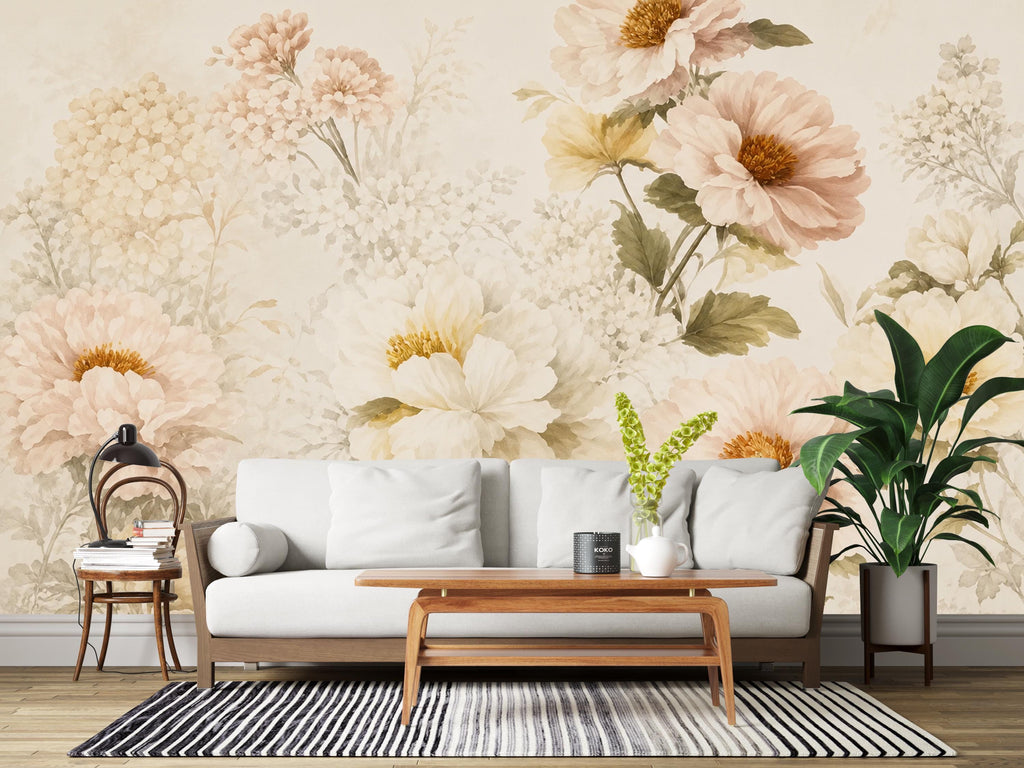 Blush Floral Wallpaper Peel and Stick, Vintage Peony Wall Mural, Neutral Botanical Wallpaper, Romantic Bedroom Decor, Flower Wall Art 832LU
