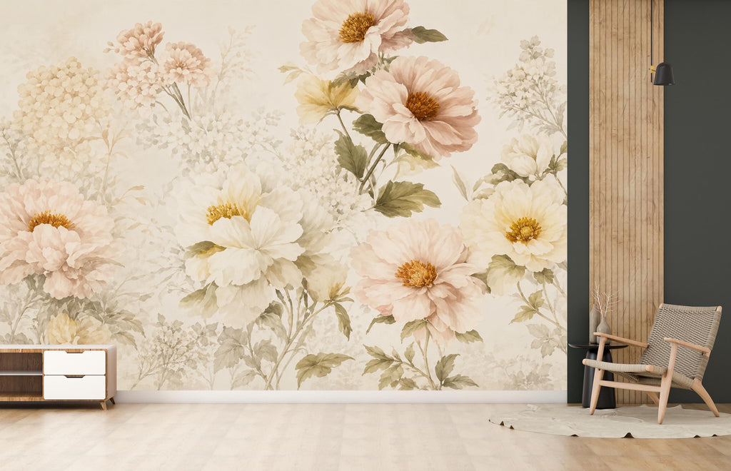 Blush Floral Wallpaper Peel and Stick, Vintage Peony Wall Mural, Neutral Botanical Wallpaper, Romantic Bedroom Decor, Flower Wall Art 832LU