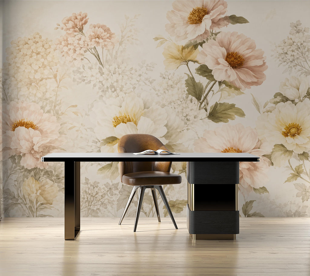 Blush Floral Wallpaper Peel and Stick, Vintage Peony Wall Mural, Neutral Botanical Wallpaper, Romantic Bedroom Decor, Flower Wall Art 832LU