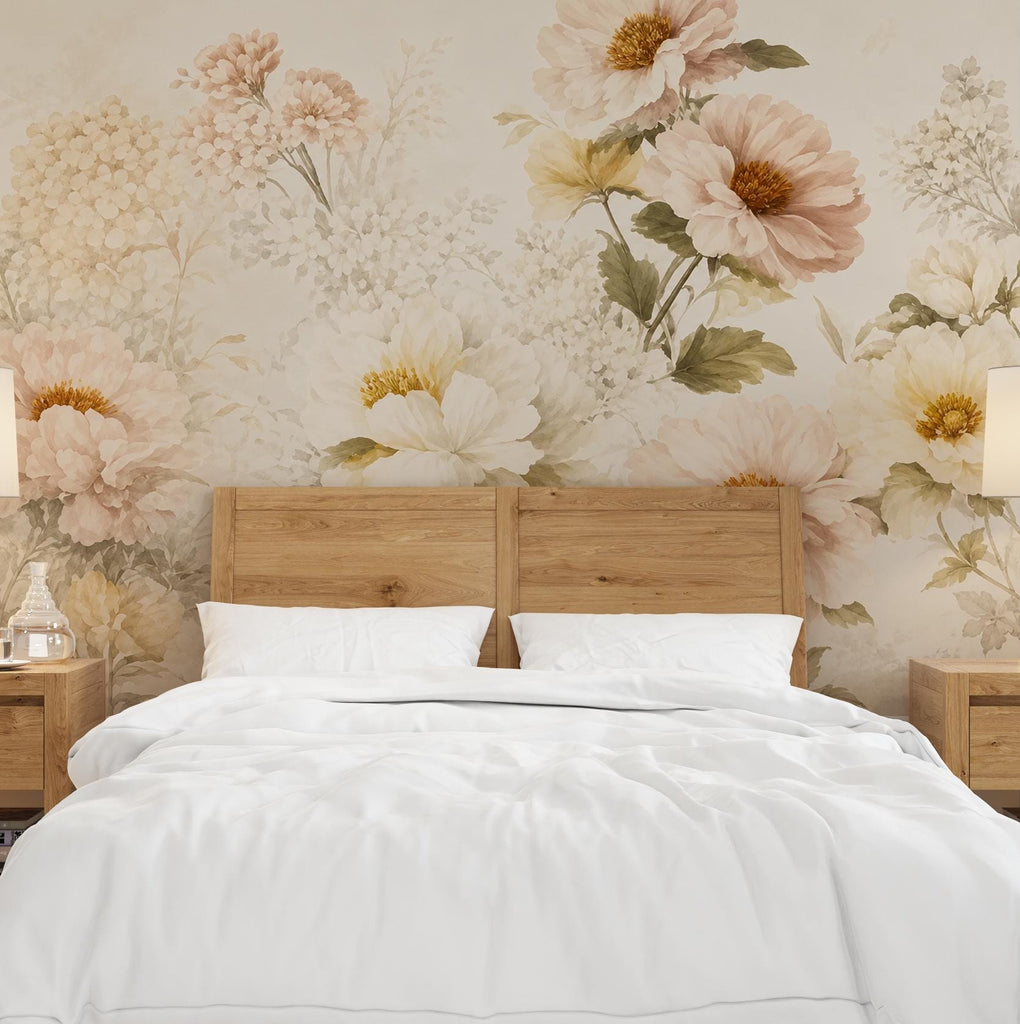 Blush Floral Wallpaper Peel and Stick, Vintage Peony Wall Mural, Neutral Botanical Wallpaper, Romantic Bedroom Decor, Flower Wall Art 832LU