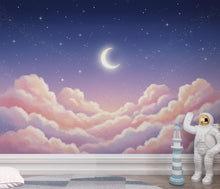 Load image into Gallery viewer, Pastel Clouds Night Sky Wallpaper – Celestial Nursery Moon Stars Mural 416DE