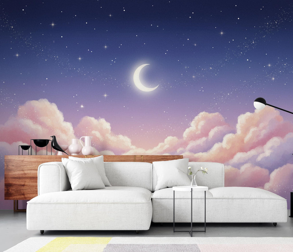 Pastel Clouds Night Sky Wallpaper – Celestial Nursery Moon Stars Mural 416DE