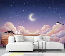 Load image into Gallery viewer, Pastel Clouds Night Sky Wallpaper – Celestial Nursery Moon Stars Mural 416DE