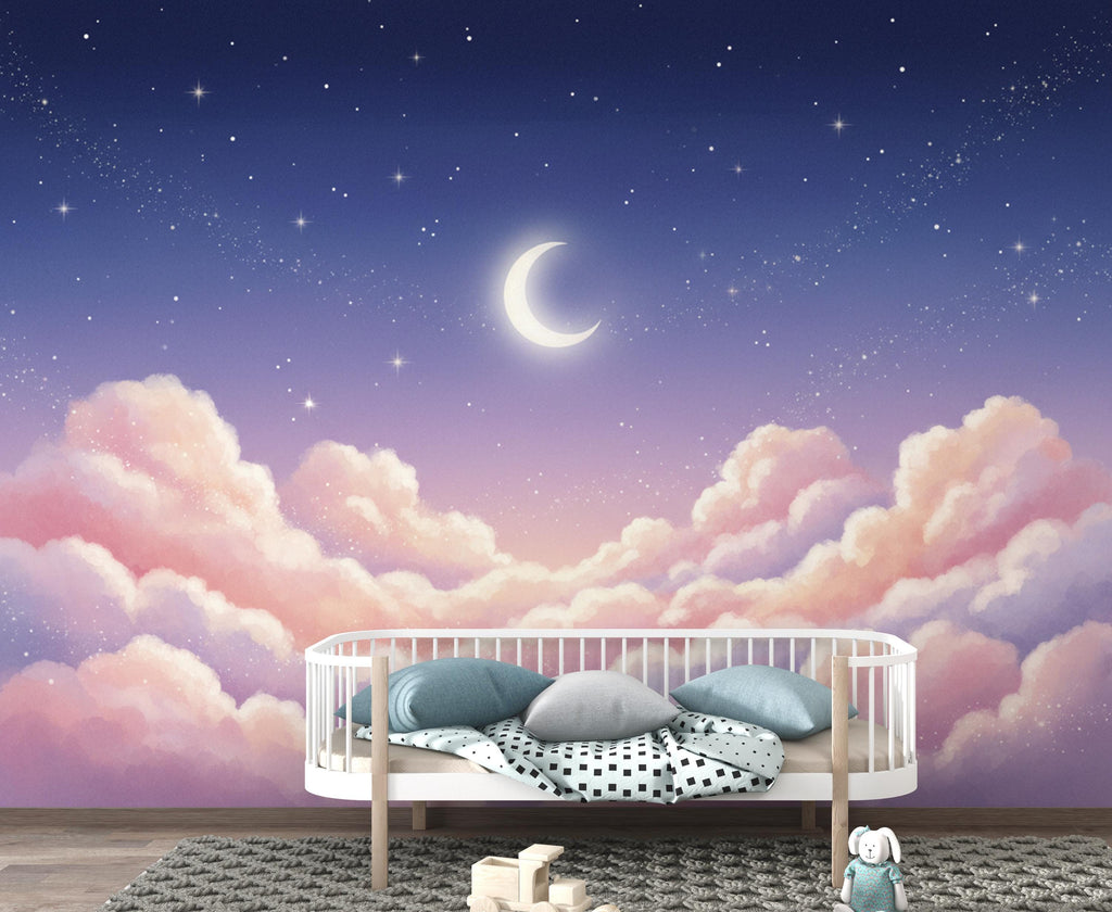 Pastel Clouds Night Sky Wallpaper – Celestial Nursery Moon Stars Mural 416DE