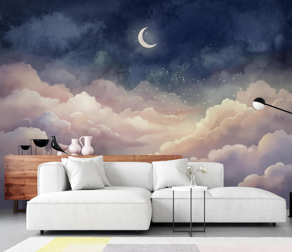Dreamy Night Sky Wallpaper - Pastel Clouds and Moon Stars - Celestial Nursery Wall Mural - Whimsical Bedroom Wallpaper 417DE