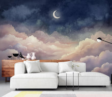 Load image into Gallery viewer, Dreamy Night Sky Wallpaper - Pastel Clouds and Moon Stars - Celestial Nursery Wall Mural - Whimsical Bedroom Wallpaper 417DE