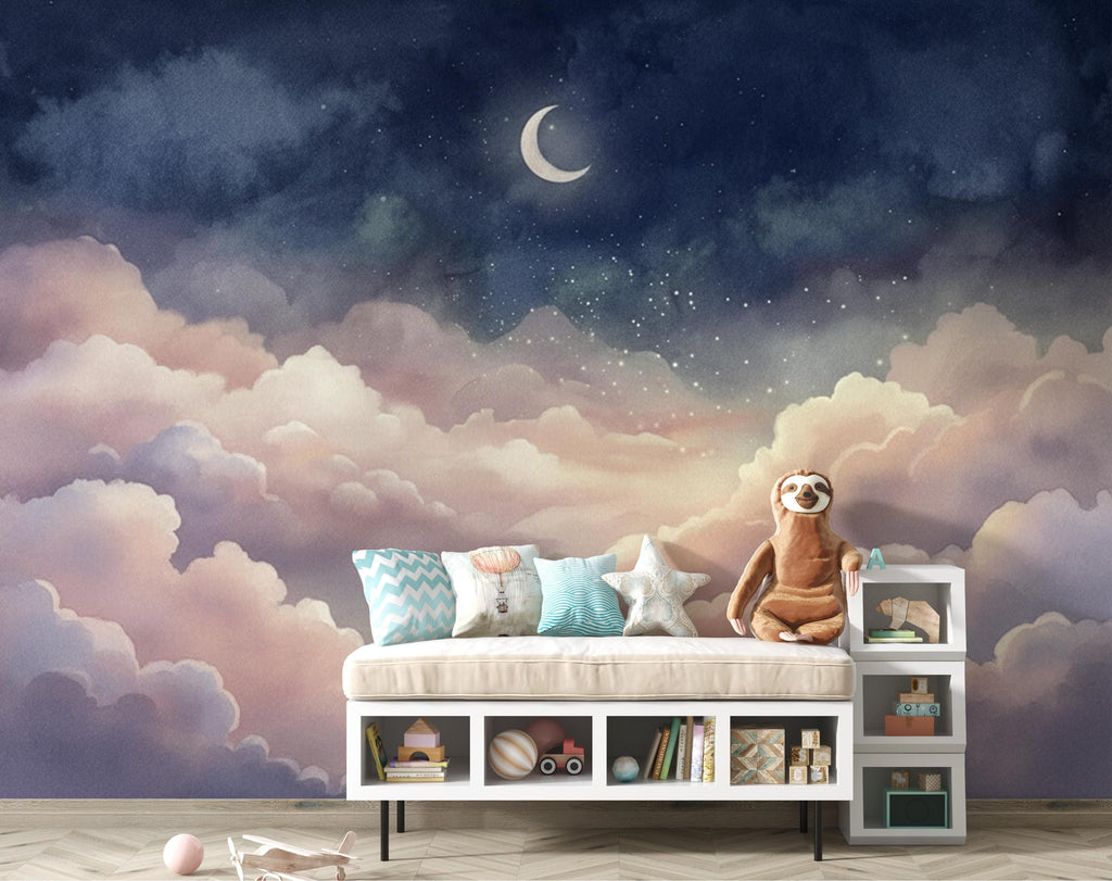 Dreamy Night Sky Wallpaper - Pastel Clouds and Moon Stars - Celestial Nursery Wall Mural - Whimsical Bedroom Wallpaper 417DE