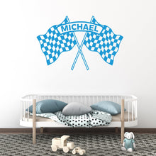 Load image into Gallery viewer, Personalized Race Car Wall Decal, Checkered Flag Name Wall Sticker, Custom Racing Wall Art, Boys Room Decor, Race Theme Nursery 688LU