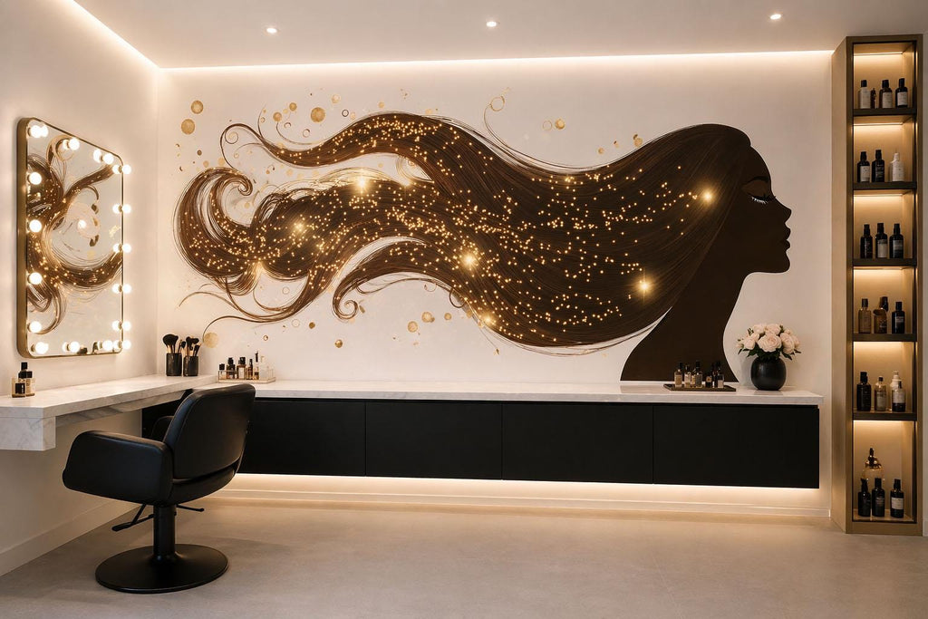 Hair Silhouette Wall Decal Beauty Salon Wall Sticker Gold Sparkle Hair Art Luxury Salon Decor Hairdresser Wall Decal Modern Beauty Room