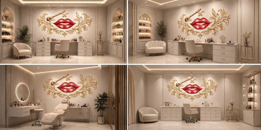 Luxury Lips Wall Decal Makeup Brush Wall Sticker Beauty Salon Wall Decor Elegant Baroque Wall Art Makeup Artist Studio Decor Glam Beauty