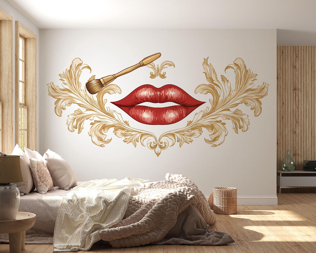 Luxury Lips Wall Decal Makeup Brush Wall Sticker Beauty Salon Wall Decor Elegant Baroque Wall Art Makeup Artist Studio Decor Glam Beauty