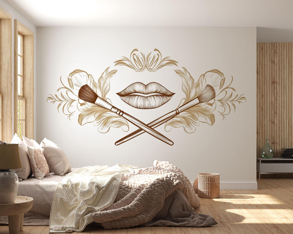Gold Lips Wall Decal Makeup Brush Wall Sticker Luxury Beauty Salon Wall Decor Minimal Line Art Makeup Artist Studio Decor Elegant Glam Wall