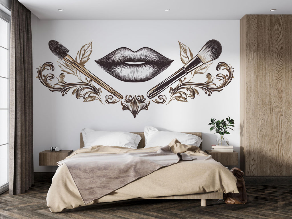 Black Gold Lips Wall Decal Makeup Brush Wall Sticker Luxury Beauty Salon Wall Decor Glam Makeup Artist Studio Decor Baroque Salon Wall Art
