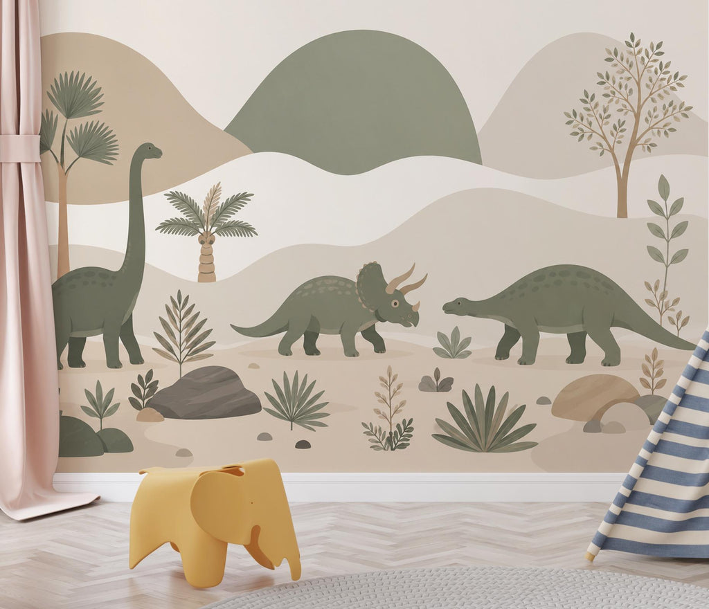 Dinosaur Wallpaper Peel and Stick, Neutral Dino Wall Mural, Kids Room Wallpaper, Jurassic Nursery Decor, Beige Green Dinosaur Wallpaper 834L
