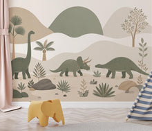Load image into Gallery viewer, Dinosaur Wallpaper Peel and Stick, Neutral Dino Wall Mural, Kids Room Wallpaper, Jurassic Nursery Decor, Beige Green Dinosaur Wallpaper 834L
