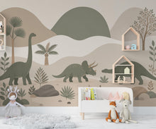 Load image into Gallery viewer, Dinosaur Wallpaper Peel and Stick, Neutral Dino Wall Mural, Kids Room Wallpaper, Jurassic Nursery Decor, Beige Green Dinosaur Wallpaper 834L