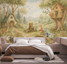 Load image into Gallery viewer, Woodland Nursery Wallpaper Peel and Stick, Forest Animal Wall Mural, Watercolor Kids Room Wallpaper, Whimsical Treehouse Wall Art 835LU