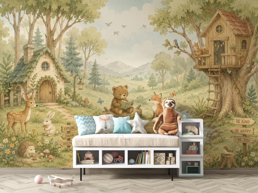 Woodland Nursery Wallpaper Peel and Stick, Forest Animal Wall Mural, Watercolor Kids Room Wallpaper, Whimsical Treehouse Wall Art 835LU