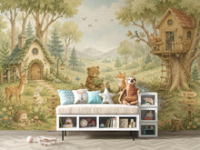 Load image into Gallery viewer, Woodland Nursery Wallpaper Peel and Stick, Forest Animal Wall Mural, Watercolor Kids Room Wallpaper, Whimsical Treehouse Wall Art 835LU