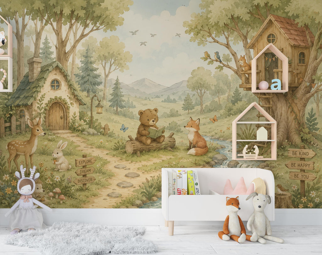 Woodland Nursery Wallpaper Peel and Stick, Forest Animal Wall Mural, Watercolor Kids Room Wallpaper, Whimsical Treehouse Wall Art 835LU