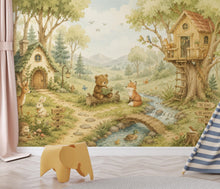 Load image into Gallery viewer, Woodland Nursery Wallpaper Peel and Stick, Forest Animal Wall Mural, Watercolor Kids Room Wallpaper, Whimsical Treehouse Wall Art 835LU