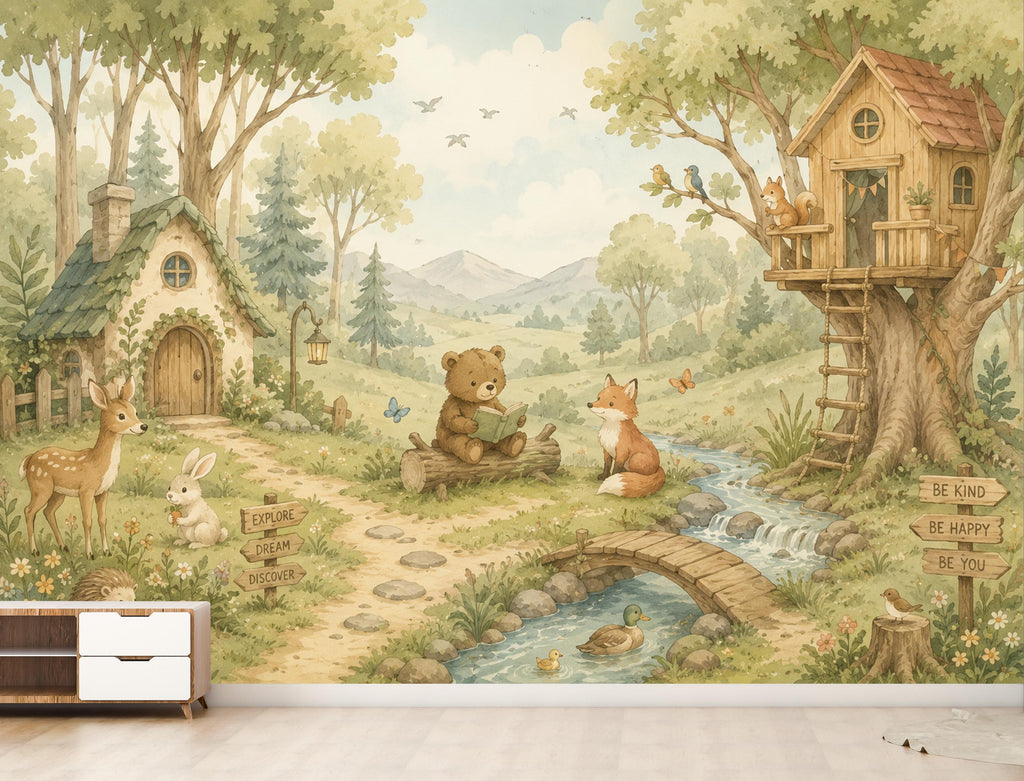 Woodland Nursery Wallpaper Peel and Stick, Forest Animal Wall Mural, Watercolor Kids Room Wallpaper, Whimsical Treehouse Wall Art 835LU