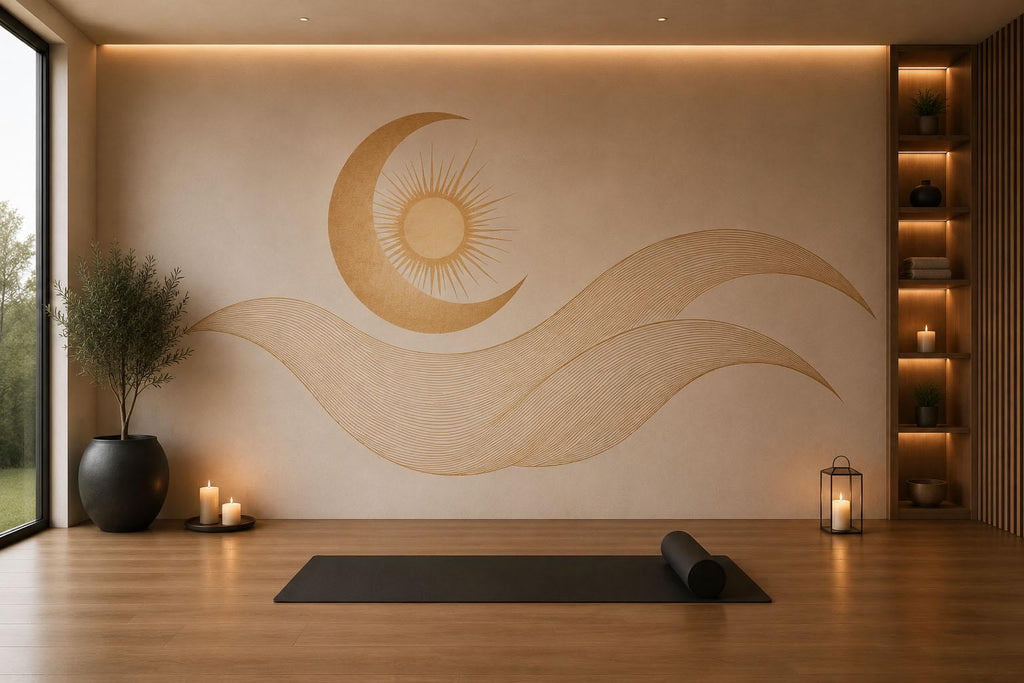 Boho Sun Moon Wall Decal Yoga Studio Wall Art Minimalist Celestial Vinyl Sticker Zen Wellness Decor Modern Meditation Mural