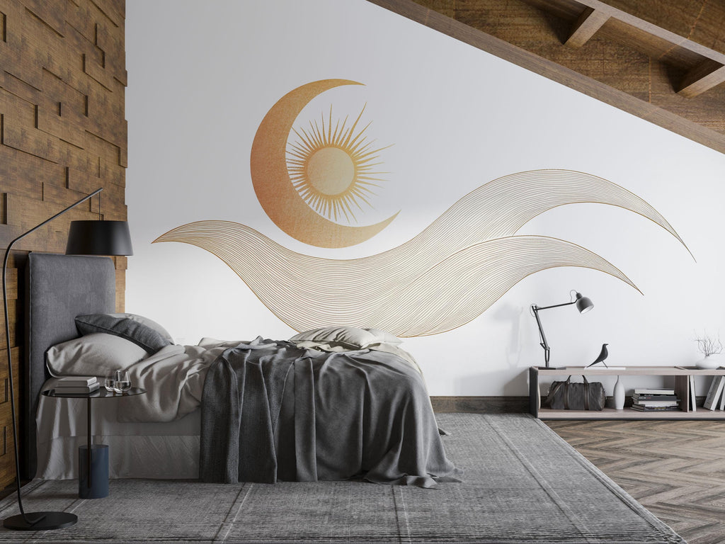 Boho Sun Moon Wall Decal Yoga Studio Wall Art Minimalist Celestial Vinyl Sticker Zen Wellness Decor Modern Meditation Mural