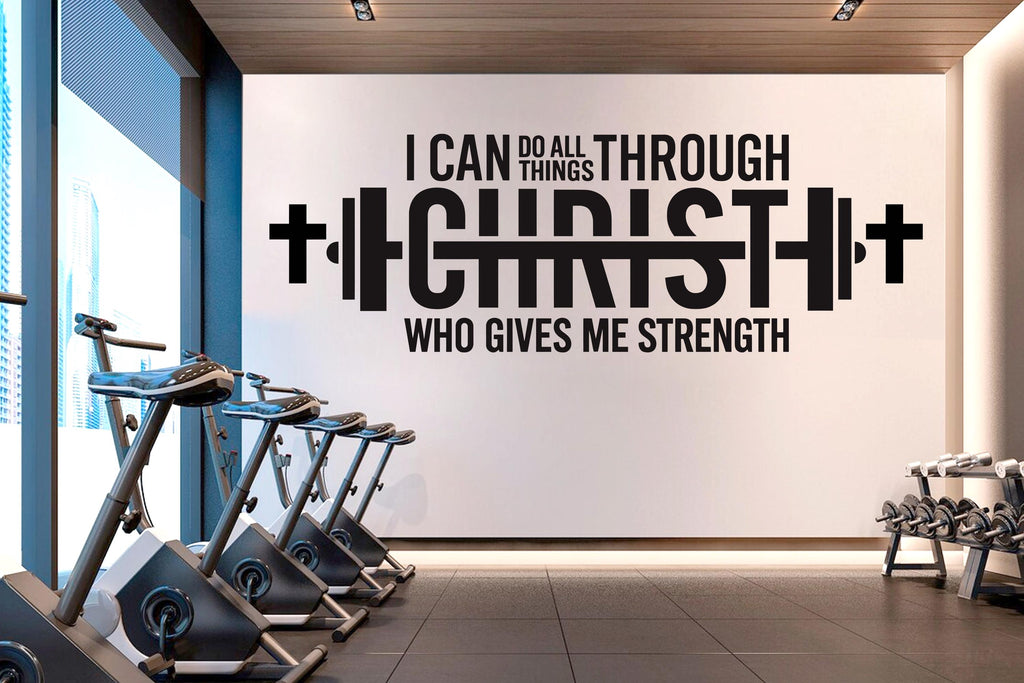 Christian Gym Wall Decal, I Can Do All Things Through Christ, Faith Fitness Motivation Vinyl Sticker, Religious Home Gym Wall Decor 815LU
