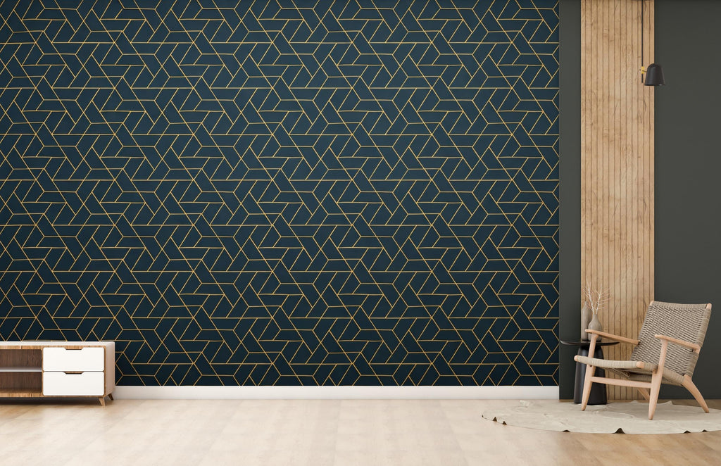 Retro Geometric Teal & Gold Wallpaper, Art Deco Mid‑Century Wall Mural, Luxury Modern Interior Design for Living Room or Office 814LU