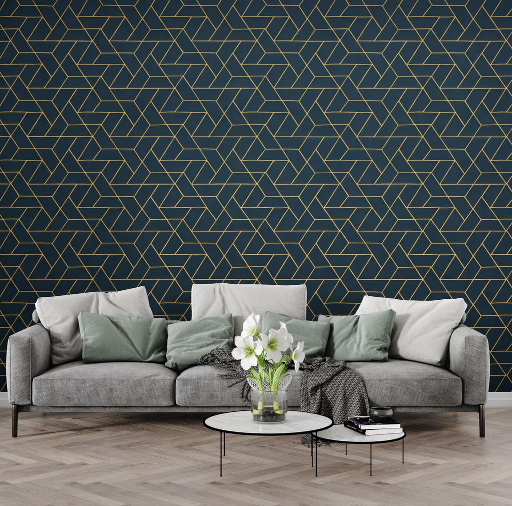 Retro Geometric Teal & Gold Wallpaper, Art Deco Mid‑Century Wall Mural, Luxury Modern Interior Design for Living Room or Office 814LU