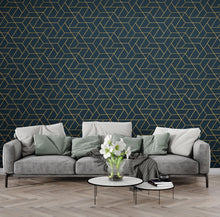 Load image into Gallery viewer, Retro Geometric Teal &amp; Gold Wallpaper, Art Deco Mid‑Century Wall Mural, Luxury Modern Interior Design for Living Room or Office 814LU
