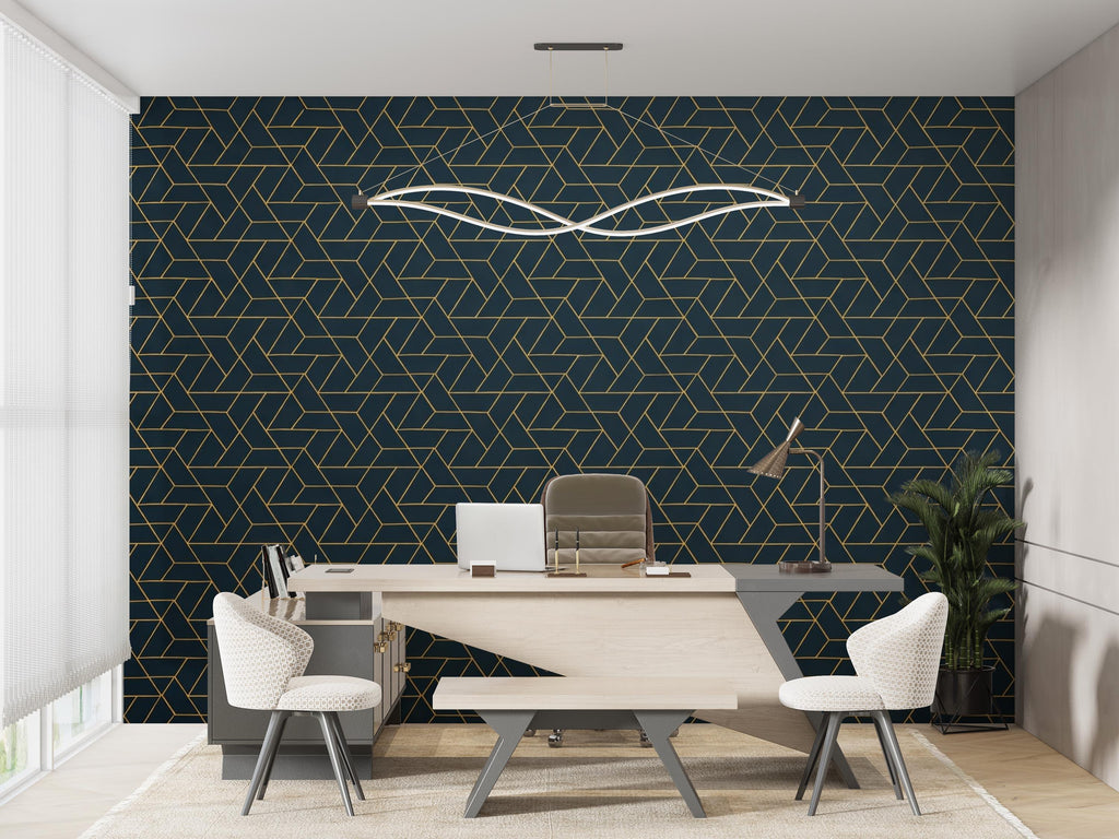 Retro Geometric Teal & Gold Wallpaper, Art Deco Mid‑Century Wall Mural, Luxury Modern Interior Design for Living Room or Office 814LU