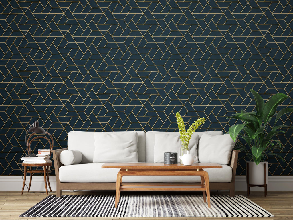 Retro Geometric Teal & Gold Wallpaper, Art Deco Mid‑Century Wall Mural, Luxury Modern Interior Design for Living Room or Office 814LU