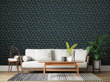 Load image into Gallery viewer, Retro Geometric Teal &amp; Gold Wallpaper, Art Deco Mid‑Century Wall Mural, Luxury Modern Interior Design for Living Room or Office 814LU