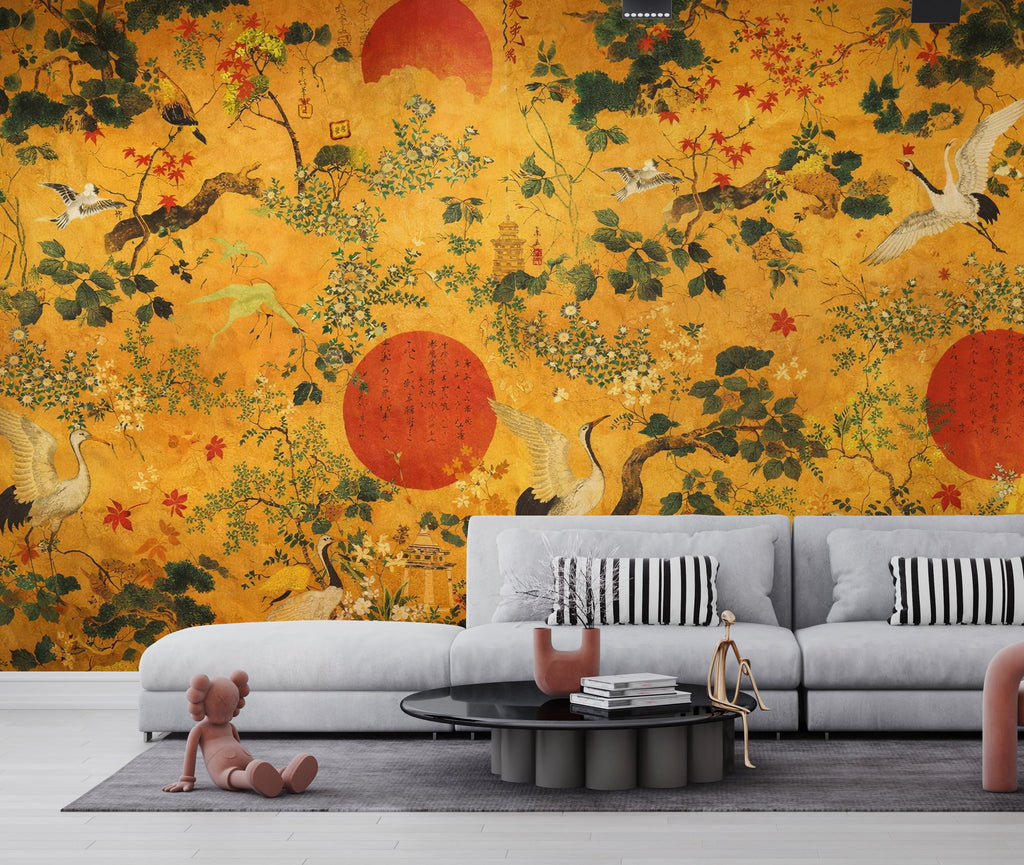 Chinoiserie Crane Wallpaper Mural, Japanese Style Wall Mural, Gold Asian Wallpaper, Vintage Oriental Birds Wallpaper, Japandi Wall Decor 8LU