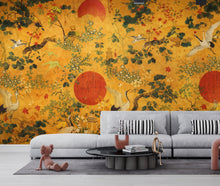 Load image into Gallery viewer, Chinoiserie Crane Wallpaper Mural, Japanese Style Wall Mural, Gold Asian Wallpaper, Vintage Oriental Birds Wallpaper, Japandi Wall Decor 8LU