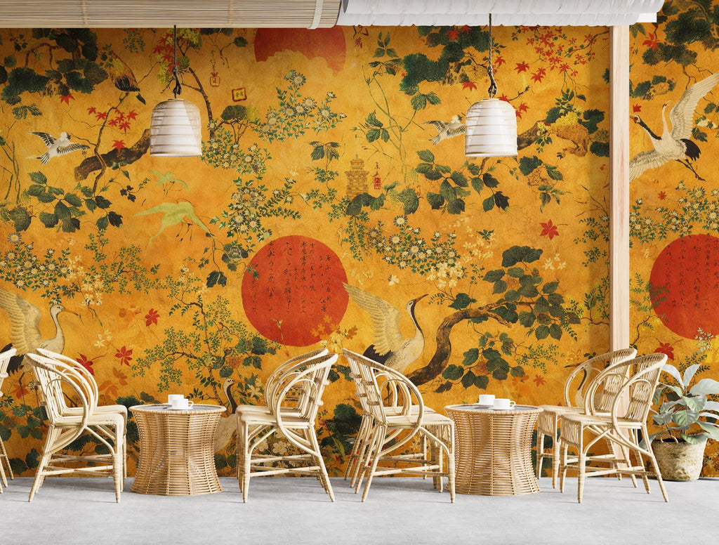 Chinoiserie Crane Wallpaper Mural, Japanese Style Wall Mural, Gold Asian Wallpaper, Vintage Oriental Birds Wallpaper, Japandi Wall Decor 8LU