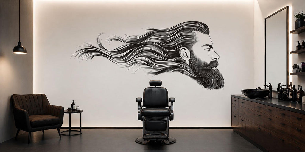 Bearded Man Wall Decal, Barber Shop Wall Decor, Flowing Hair Line Art Sticker, Mens Grooming Wall Art, Modern Barbershop Interior Design