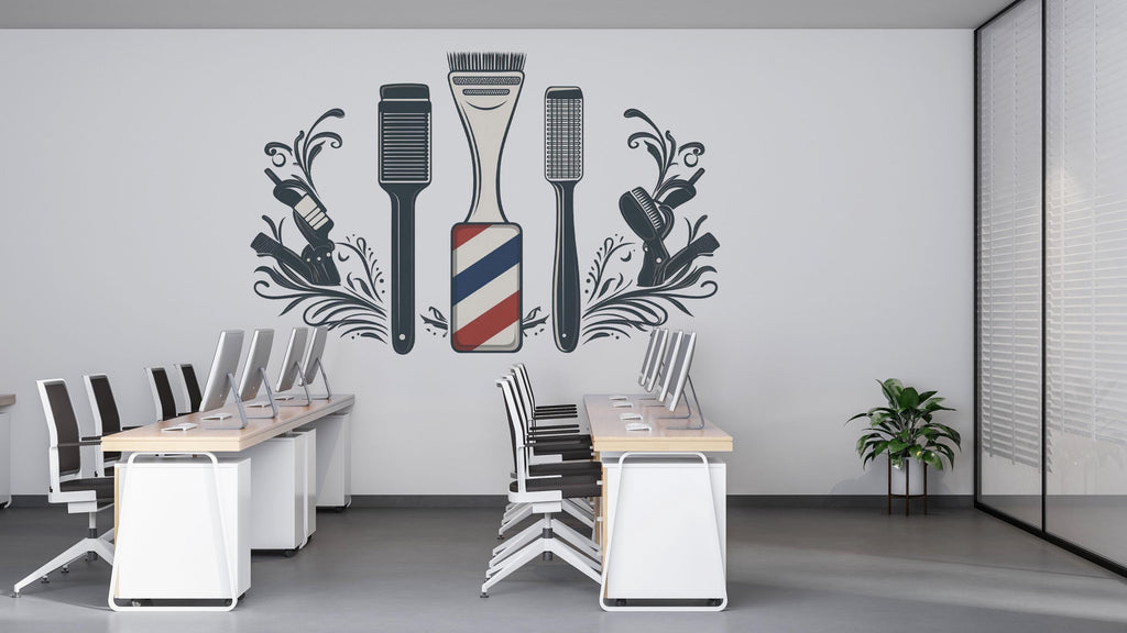 Barber Tools Wall Decal, Clipper Comb Wall Sticker, Barbershop Wall Decor, Hair Salon Wall Art, Mens Grooming Vinyl Decal, Barber Interior